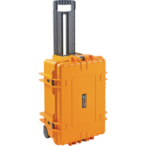 Ein orangefarbener, rollbarer Hartschalenkoffer mit Teleskopgriff, geeignet für sicheren Transport sensibler Ausrüstung.